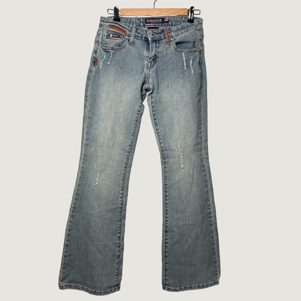 Bubblegum USA Low Rise Flare Jeans 27x31 Light Wash Distressed Orange Stitch Y2K